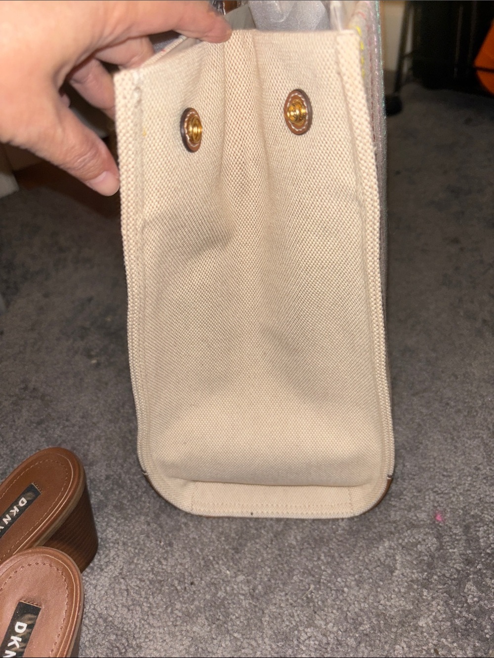Tory Burch Cream Canvas Tote with Multicolor Logo and Stripes - Picture 2 of 8